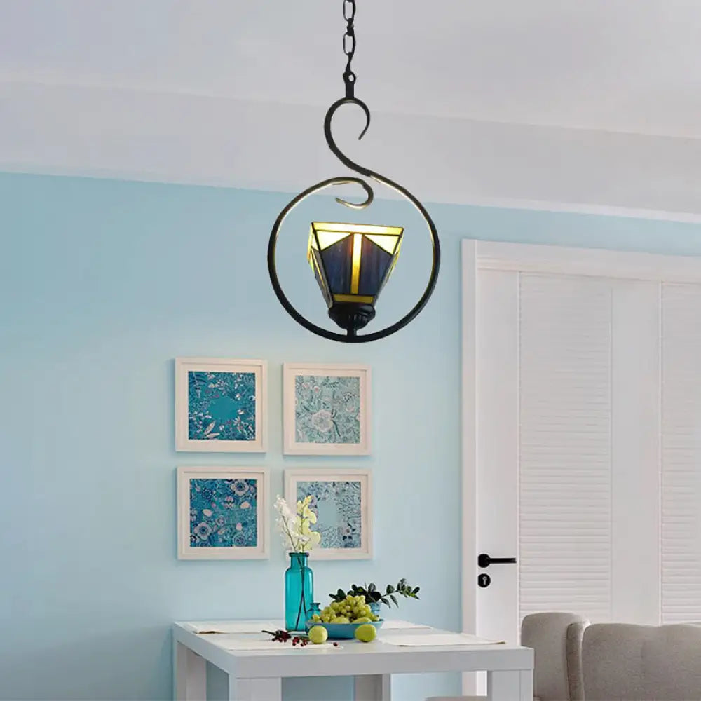 Blue Tiffany Style Stained Glass Pyramid Pendant Light With Stainless Steel Suspension - 1-Light