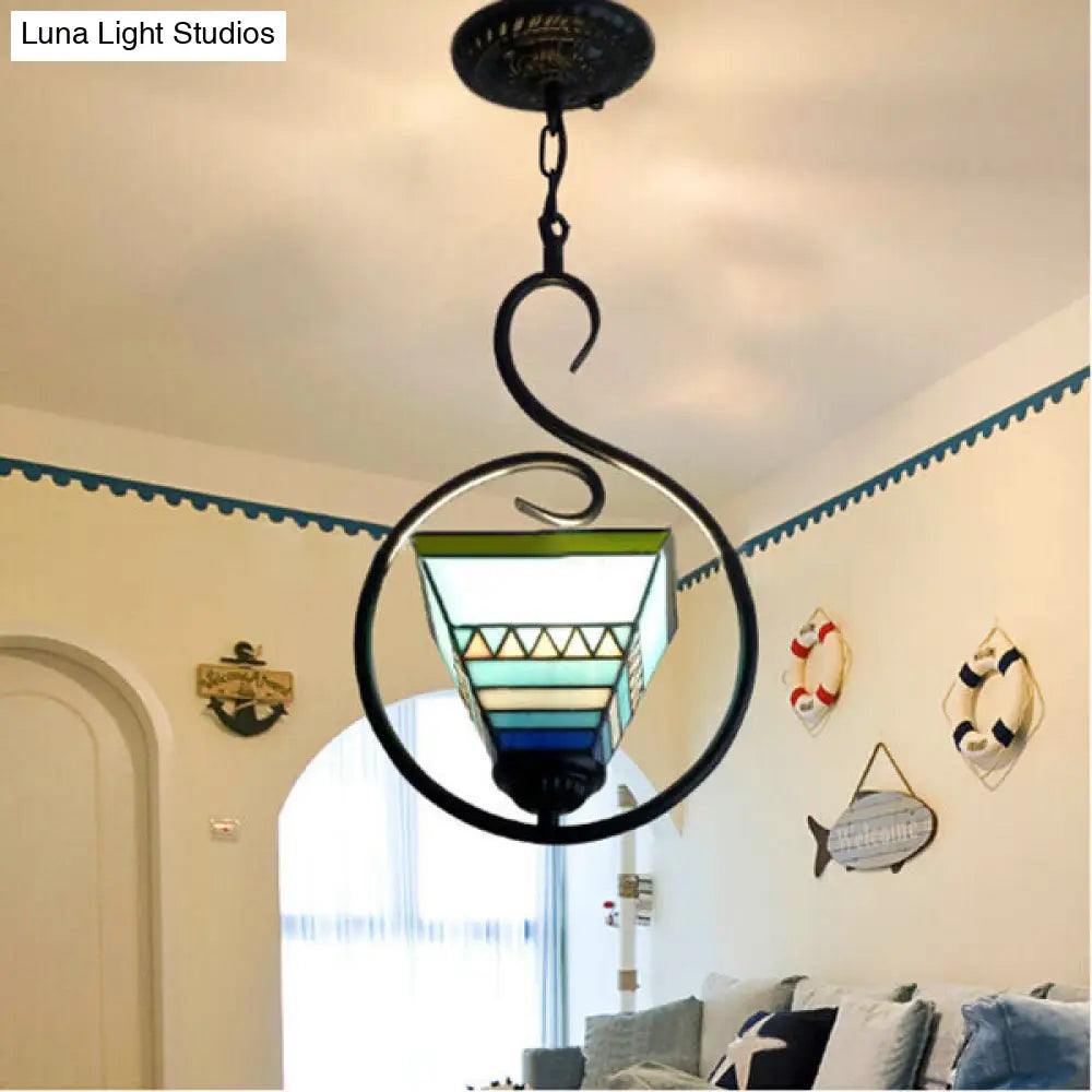 Tiffany Style Hanging Pendant Light - Stainless Glass Pyramid Suspension With Blue Ring