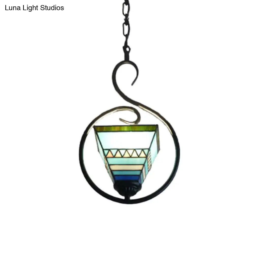 Blue Tiffany Style Stained Glass Pyramid Pendant Light With Stainless Steel Suspension Ring