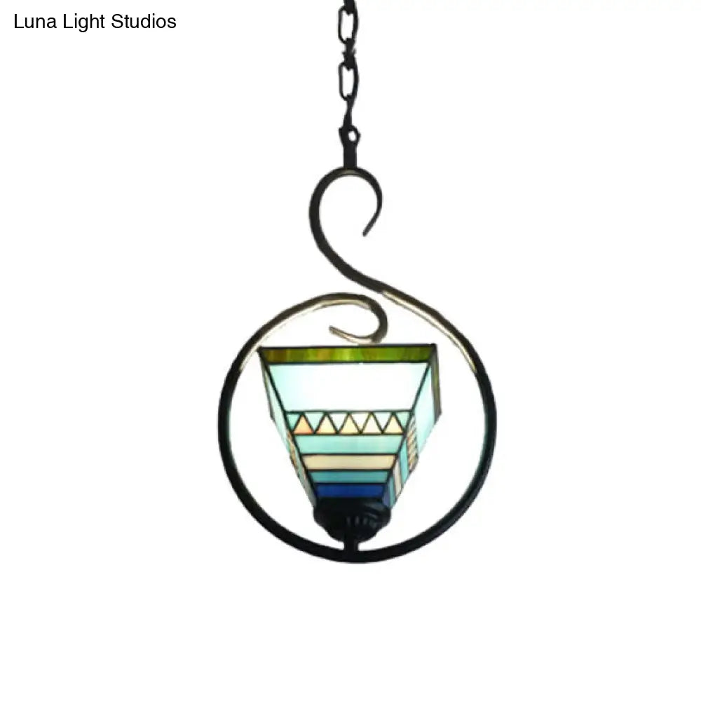 Tiffany Style Hanging Pendant Light - Stainless Glass Pyramid Suspension With Blue Ring