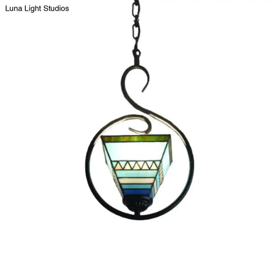 Tiffany Style Hanging Pendant Light - Stainless Glass Pyramid Suspension With Blue Ring