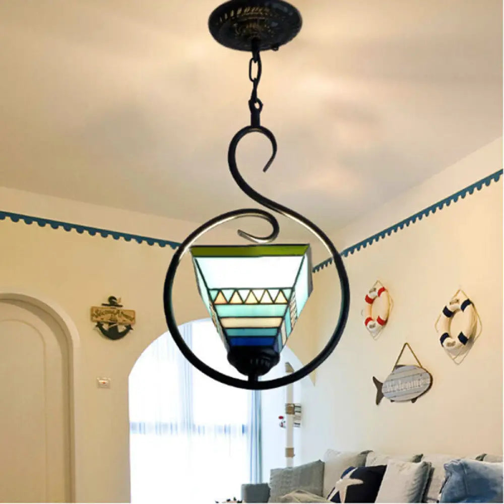 Blue Tiffany Style Stained Glass Pyramid Pendant Light With Stainless Steel Suspension Ring