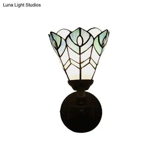 Blue Tiffany Style Stained Glass Wall Mount Fixture - Scalloped Design With Curved Arm Ideal For