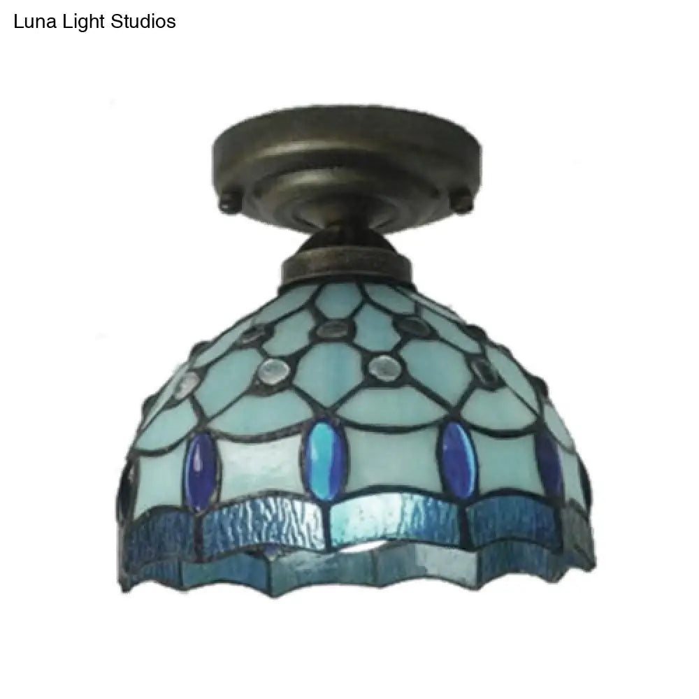 Blue Tiffany Vintage Stained Glass Ceiling Light With Jewel Accent - Flushmount Dome Design