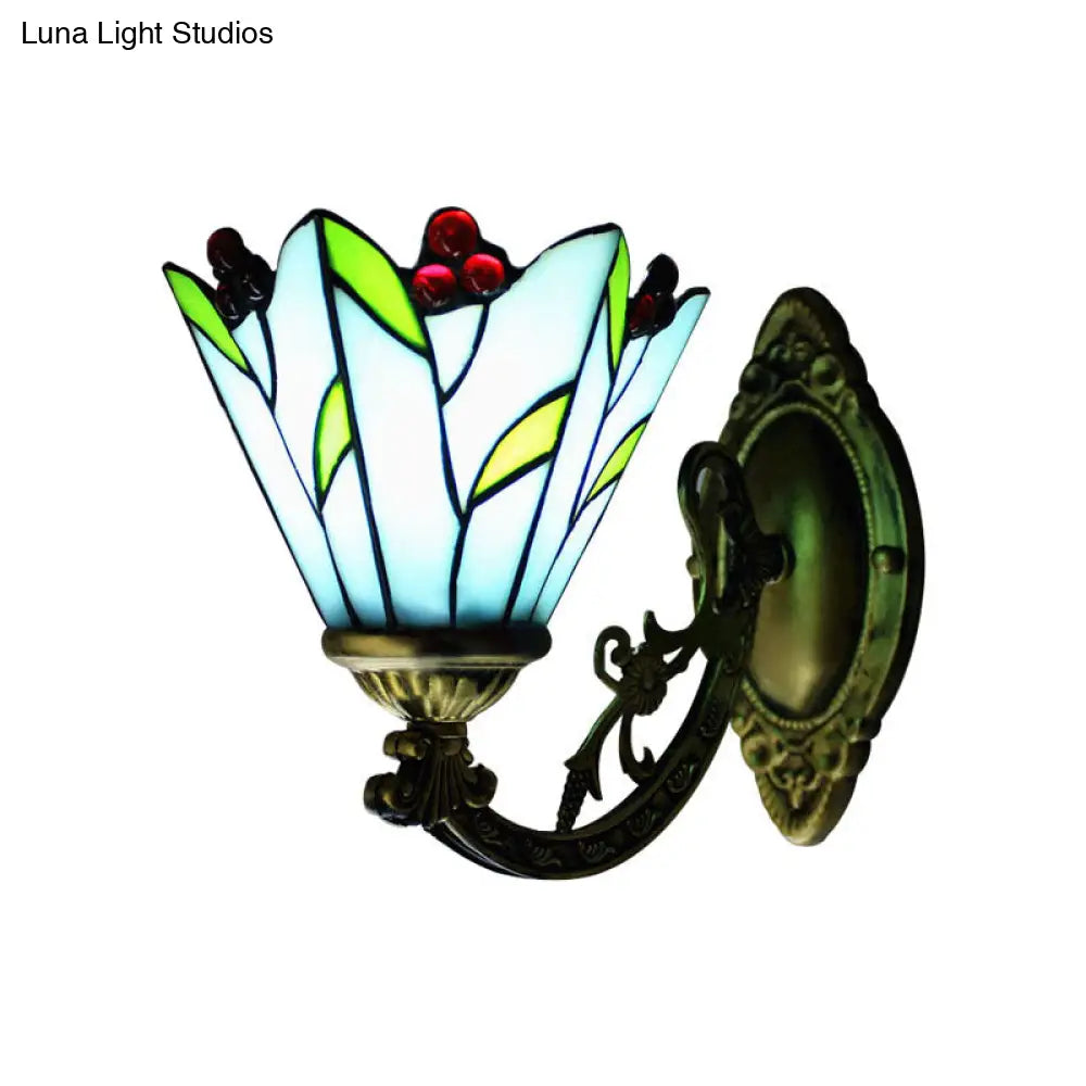 Blue Tiffany Wall Sconce With Stained Glass Flower And Leaf Design - Perfect For Kitchen Lighting