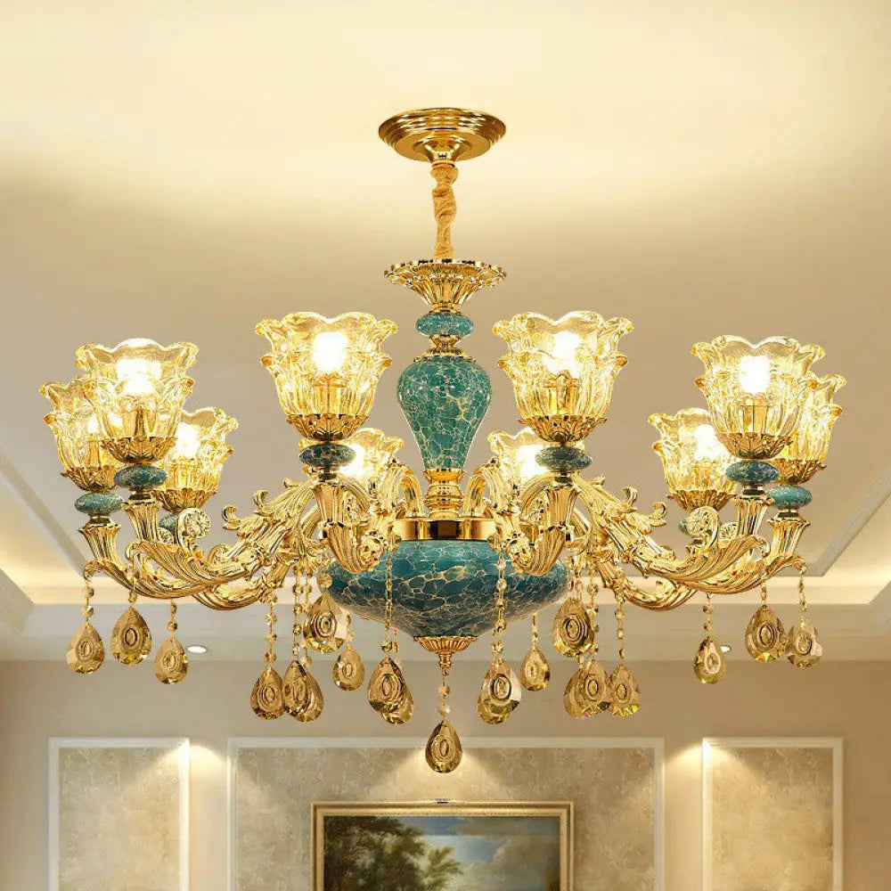 Blue Traditional Flower Up Chandelier - Luxurious Clear Glass Suspension Light With Crystal Drops 10