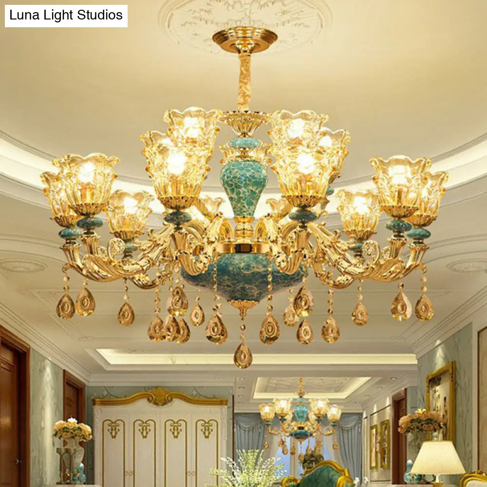 Blue Traditional Flower Up Chandelier - Luxurious Clear Glass Suspension Light With Crystal Drops