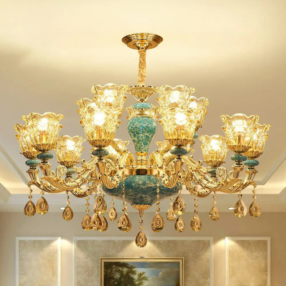 Blue Traditional Flower Up Chandelier - Luxurious Clear Glass Suspension Light With Crystal Drops 15