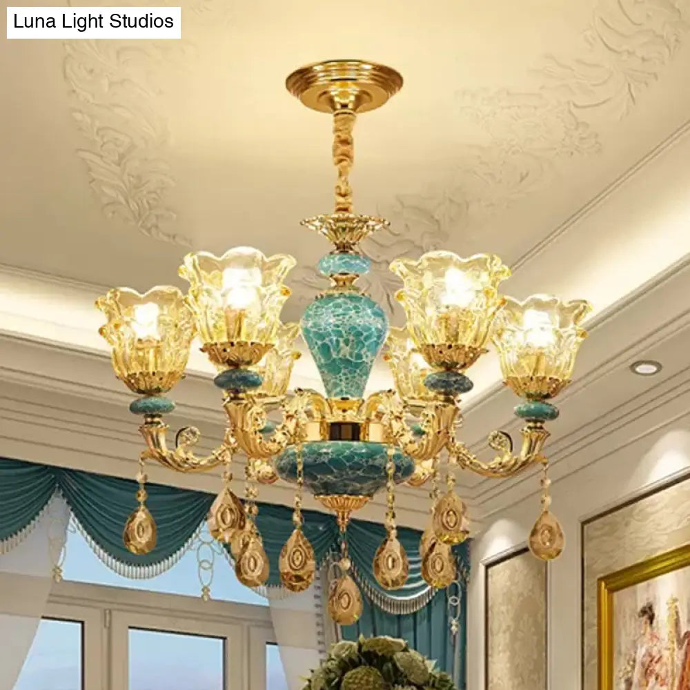 Blue Traditional Flower Up Chandelier - Luxurious Clear Glass Suspension Light With Crystal Drops