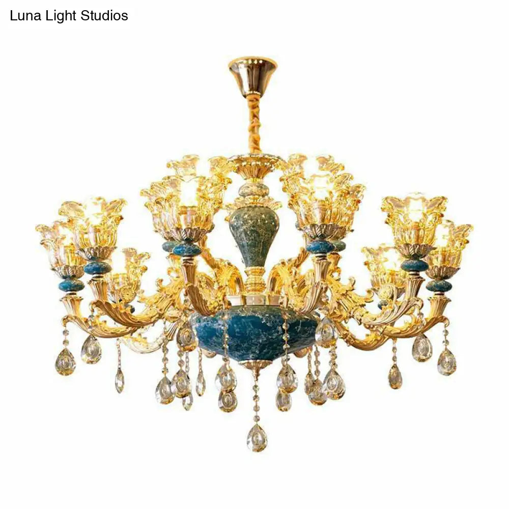 Blue Traditional Flower Up Chandelier - Luxurious Clear Glass Suspension Light With Crystal Drops