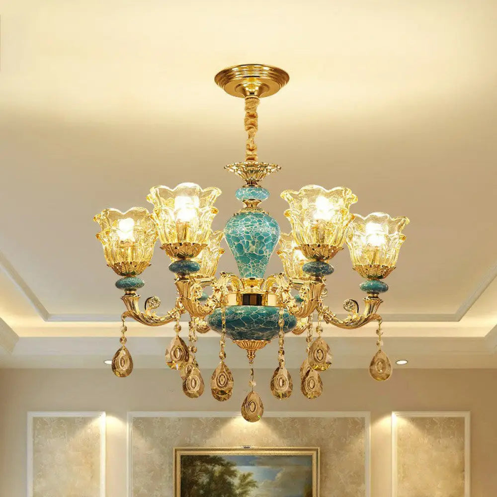 Blue Traditional Flower Up Chandelier - Luxurious Clear Glass Suspension Light With Crystal Drops 6