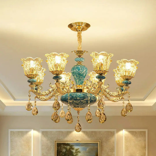 Blue Traditional Flower Up Chandelier - Luxurious Clear Glass Suspension Light With Crystal Drops 8