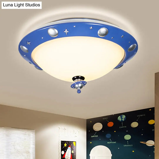 Blue Ufo Kids Room Led Ceiling Flush Mount Light With White Glass Shade