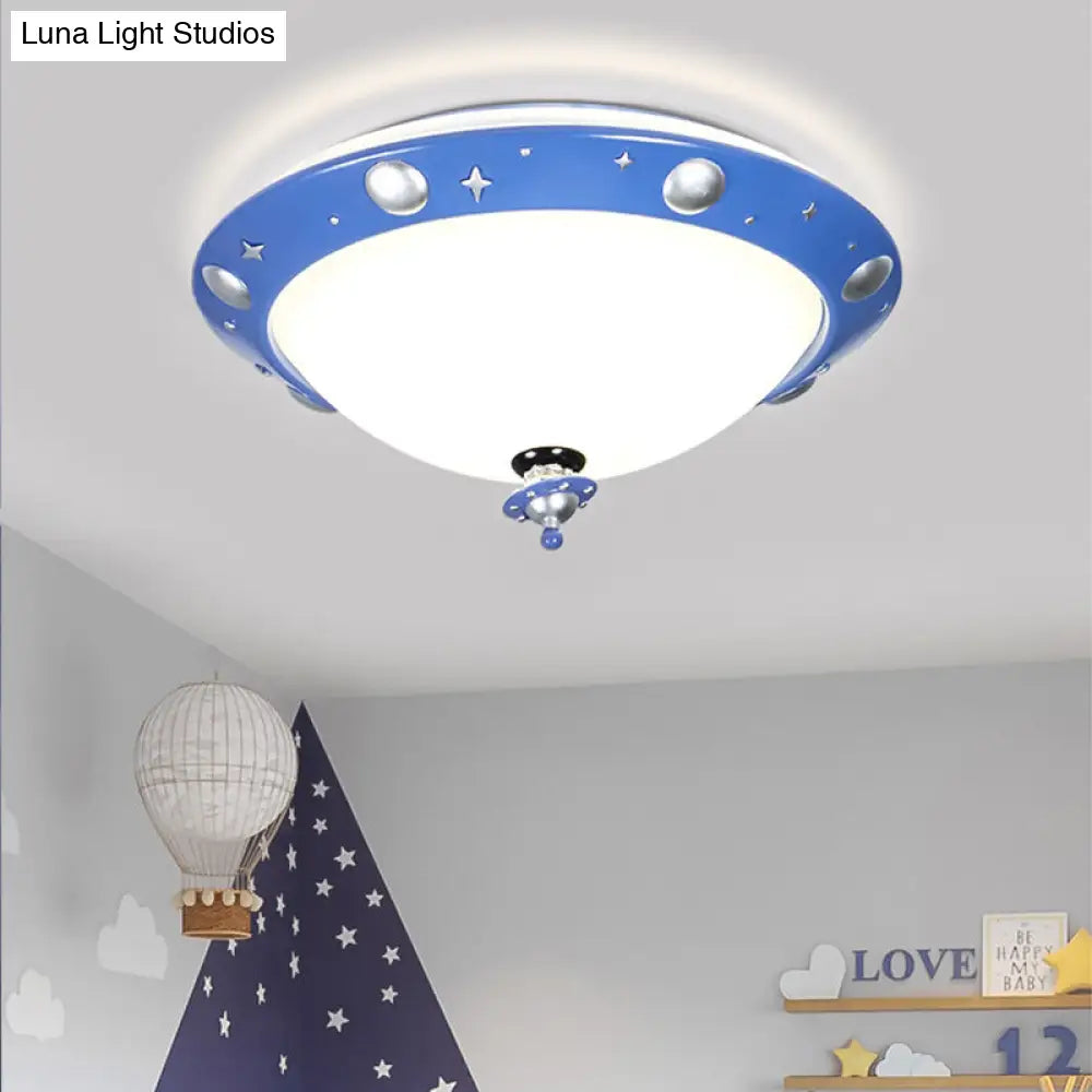 Blue Ufo Kids Room Led Ceiling Flush Mount Light With White Glass Shade