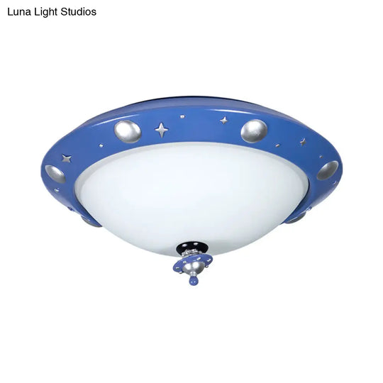 Blue Ufo Kids Room Led Ceiling Flush Mount Light With White Glass Shade