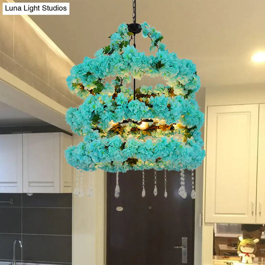 Blue Vintage Metal Flower Chandelier With Crystal Accent And Led Suspension Pendant