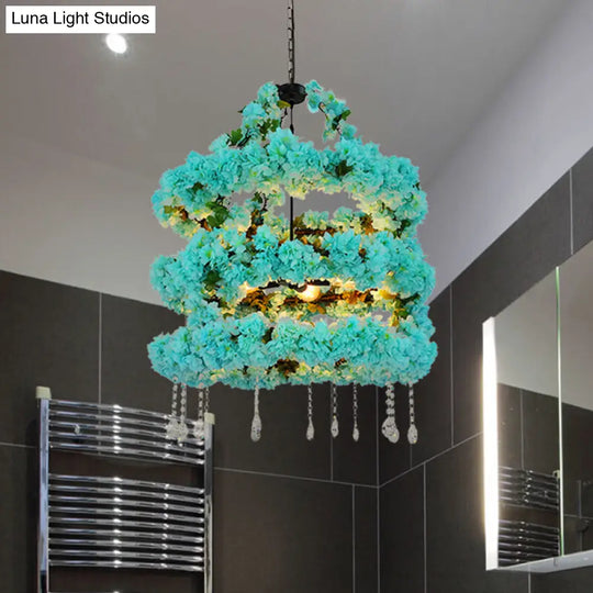 Vintage Metal Flower Chandelier With Blue Led Suspension And Crystal Accent