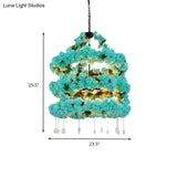 Blue Vintage Metal Flower Chandelier With Crystal Accent And Led Suspension Pendant