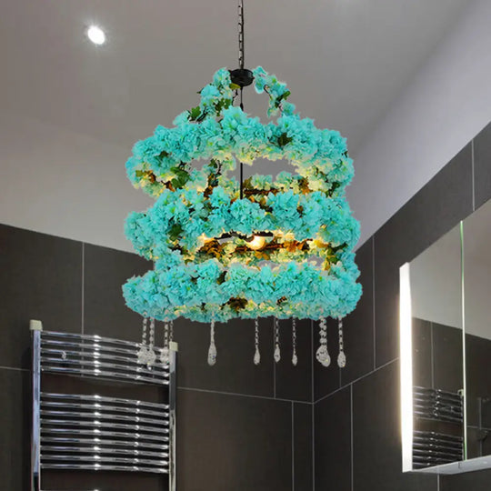 Blue Vintage Metal Flower Chandelier With Crystal Accent And Led Suspension Pendant