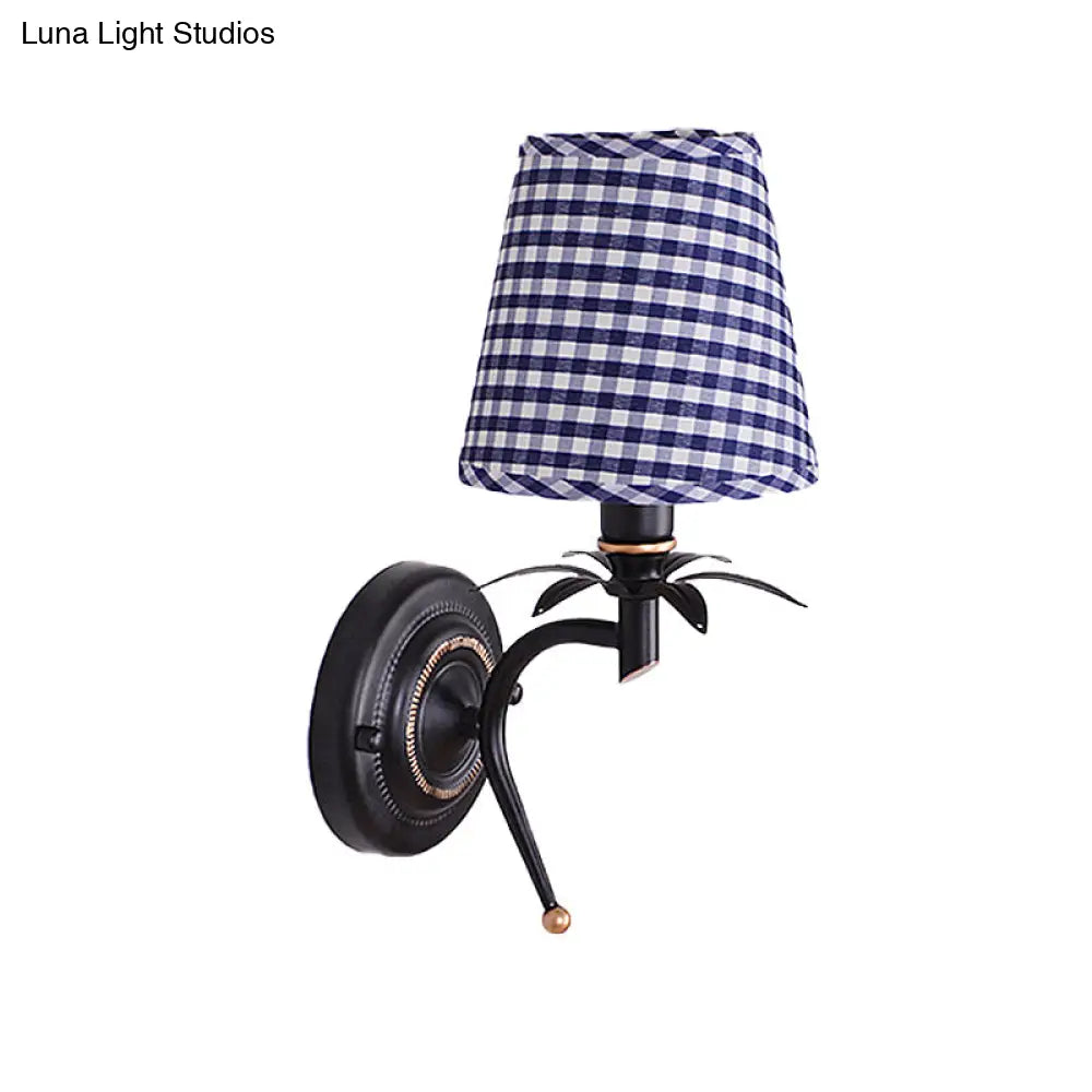 Blue Wall Mount Sconce Light With Traditional Metal Conical Design And Lattice Fabric Shade