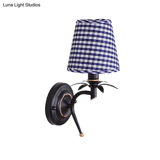 Blue Wall Mount Sconce Light With Traditional Metal Conical Design And Lattice Fabric Shade