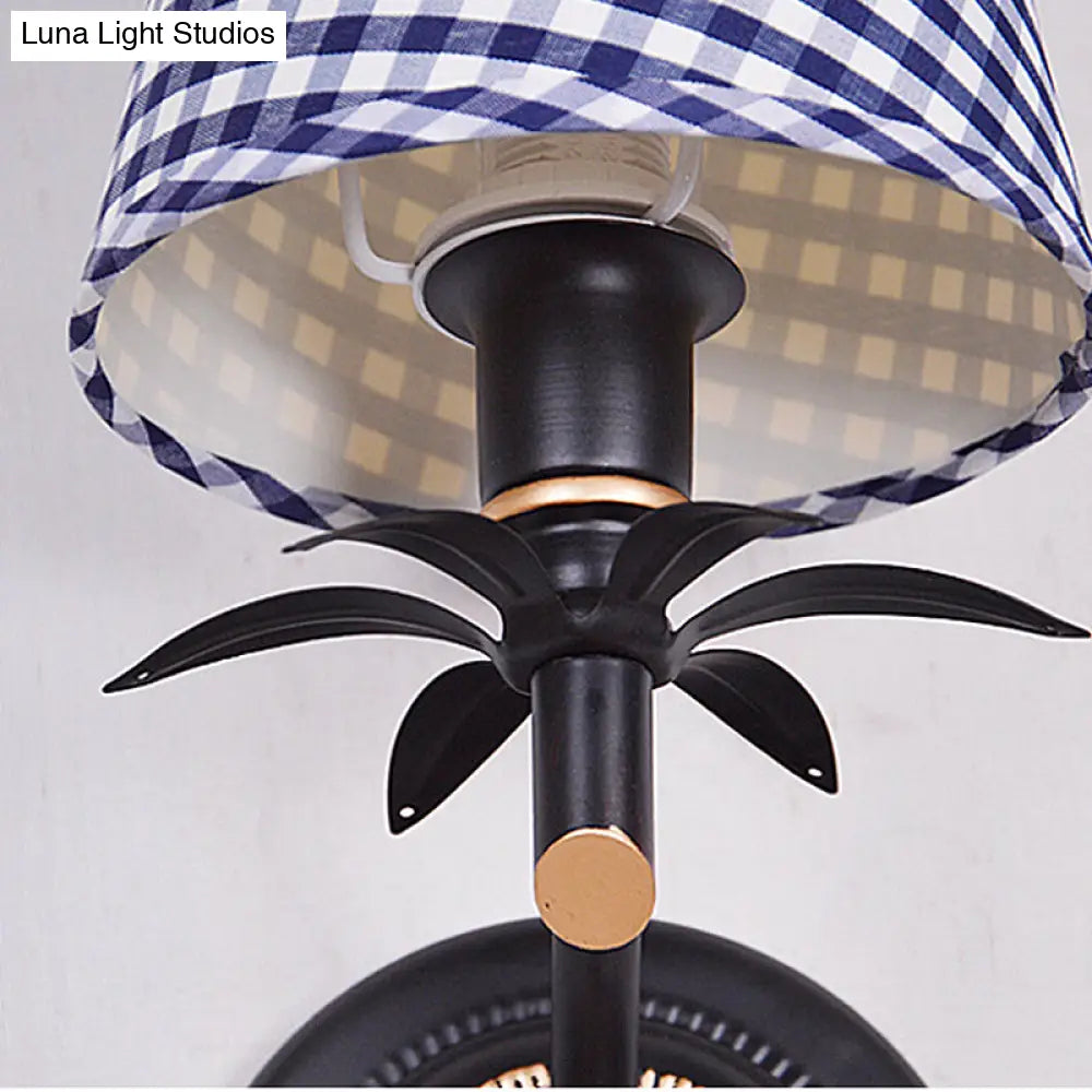 Blue Wall Mount Sconce Light With Traditional Metal Conical Design And Lattice Fabric Shade