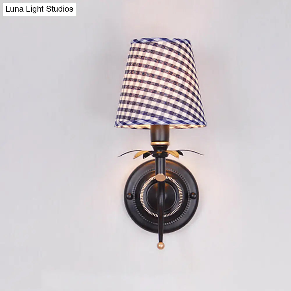 Blue Wall Mount Sconce Light With Traditional Metal Conical Design And Lattice Fabric Shade