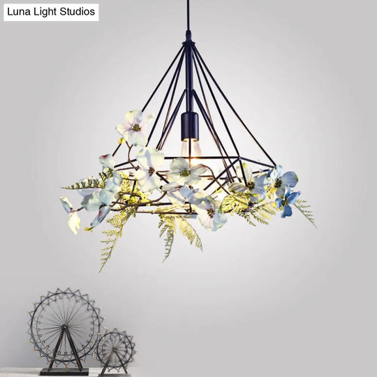 Blue-White Diamond Hanging Pendant Light Fixture With Rustic Metallic Design And Artificial Flower