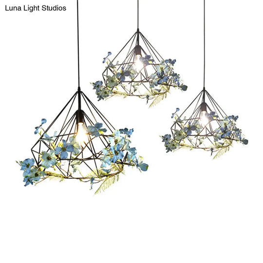 Blue-White Diamond Hanging Pendant Light Fixture With Rustic Metallic Design And Artificial Flower