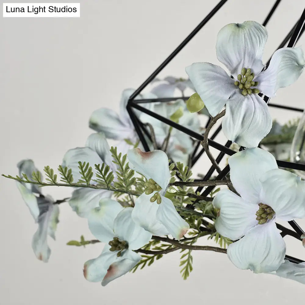 Blue-White Diamond Hanging Pendant Light Fixture With Rustic Metallic Design And Artificial Flower