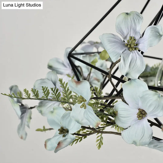 Blue-White Diamond Hanging Pendant Light Fixture With Rustic Metallic Design And Artificial Flower