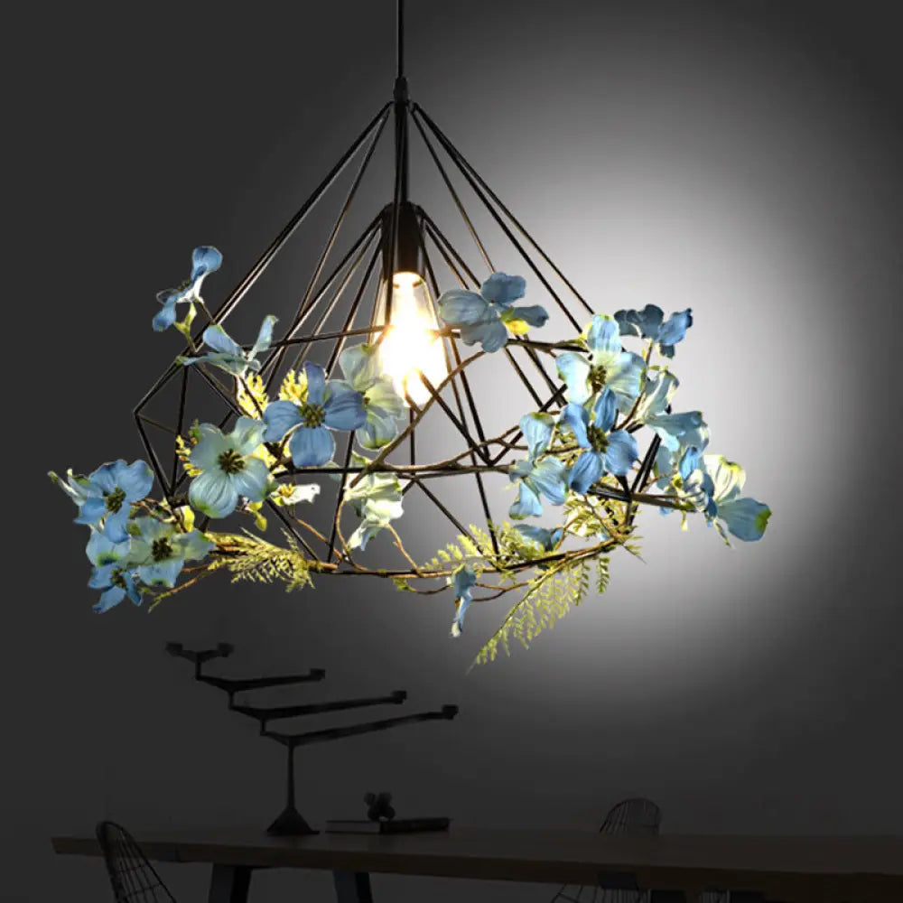 Blue-White Diamond Hanging Pendant Light Fixture With Rustic Metallic Design And Artificial Flower