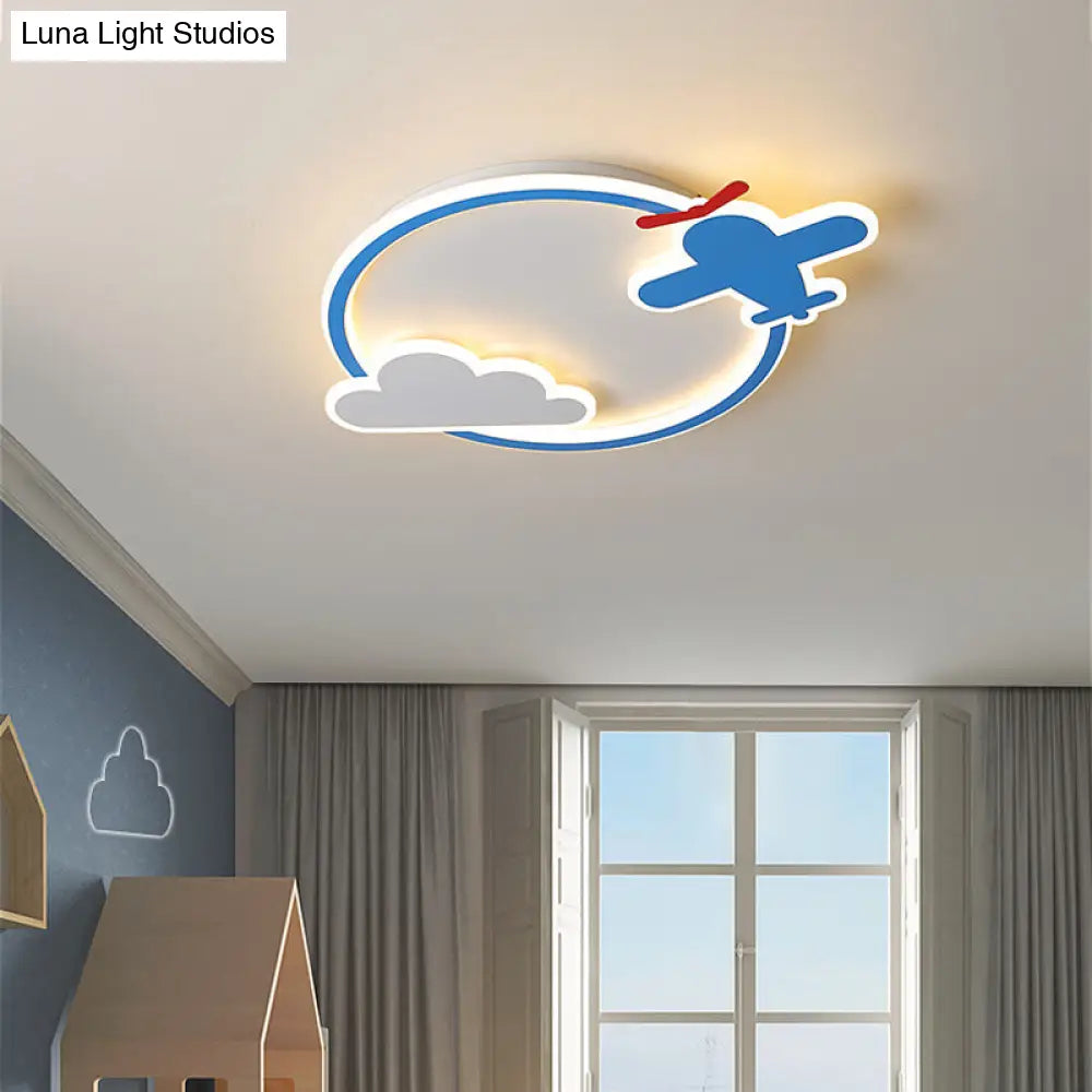 Blue & White Nursery Flush Mount Light - Metal Led Ceiling Fixture For Kids’ Room