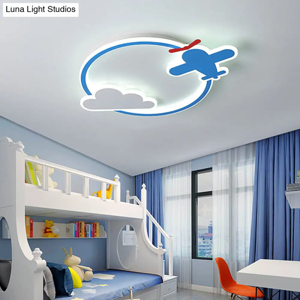 Blue & White Nursery Flush Mount Light - Metal Led Ceiling Fixture For Kids Room / Small