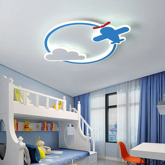 Blue & White Nursery Flush Mount Light - Metal Led Ceiling Fixture For Kids’ Room / Small