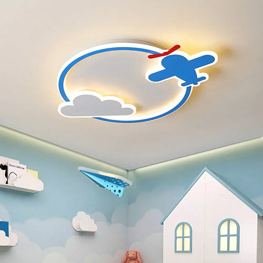 Blue & White Nursery Flush Mount Light - Metal Led Ceiling Fixture For Kids’ Room / Warm Small