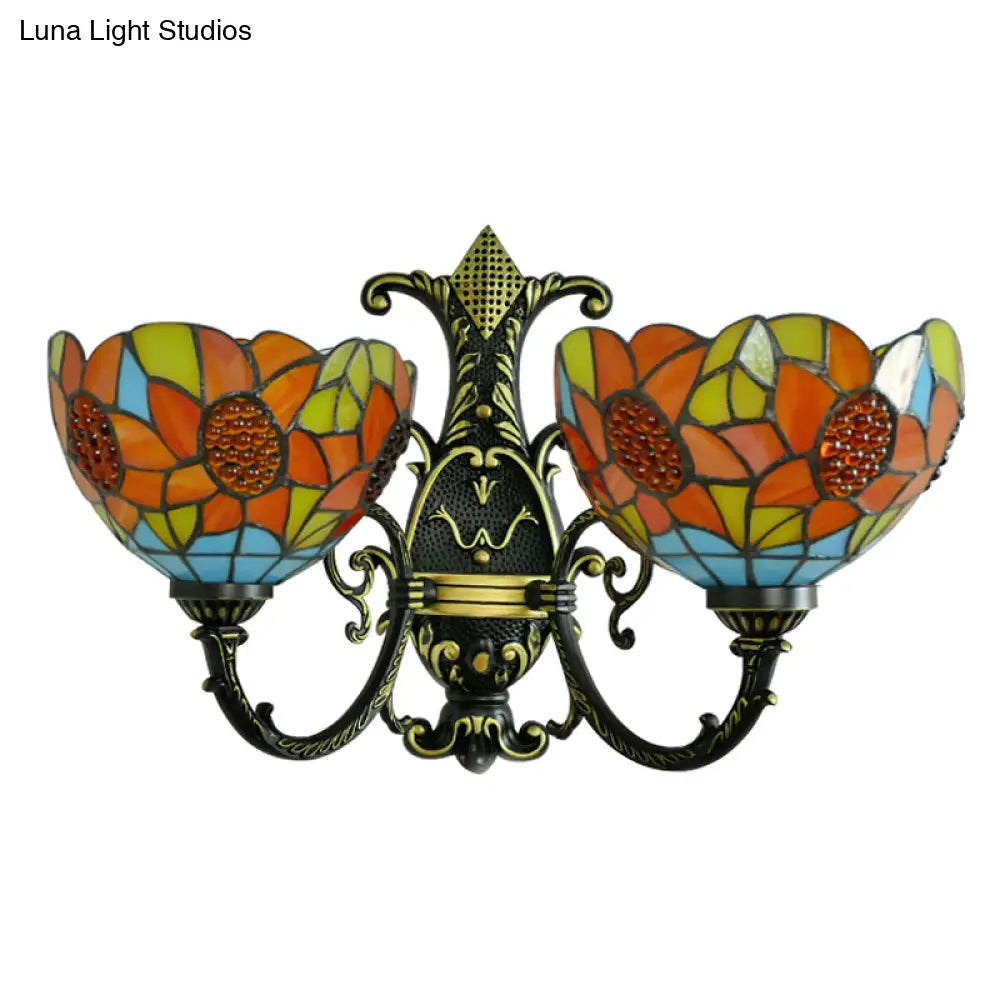 Blue/White Stained Glass Sunflower Wall Sconce With 2 Lights For Bedroom Decor