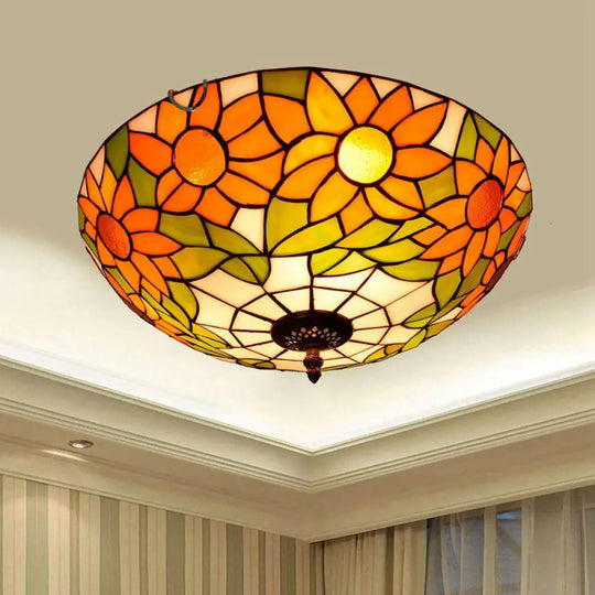 Blue/White Sunflower Tiffany Stained Glass Flush Mount Ceiling Light With 2/3 Bulbs - 12’/16’ W