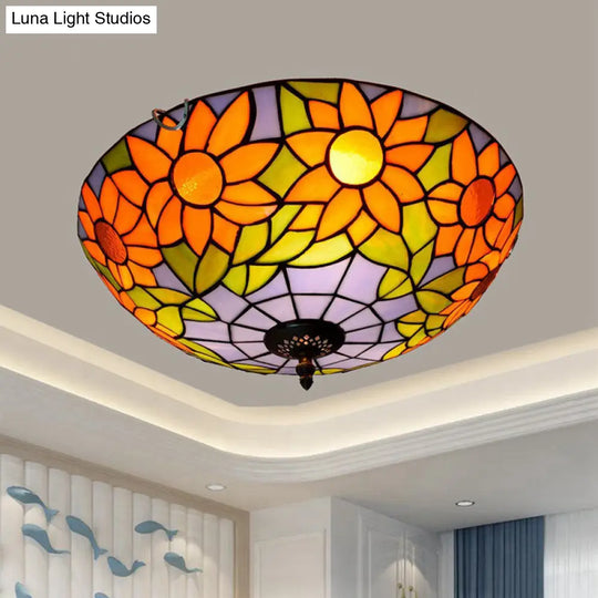 Blue/White Sunflower Tiffany Stained Glass Flush Mount Ceiling Light With 2/3 Bulbs - 12/16 W