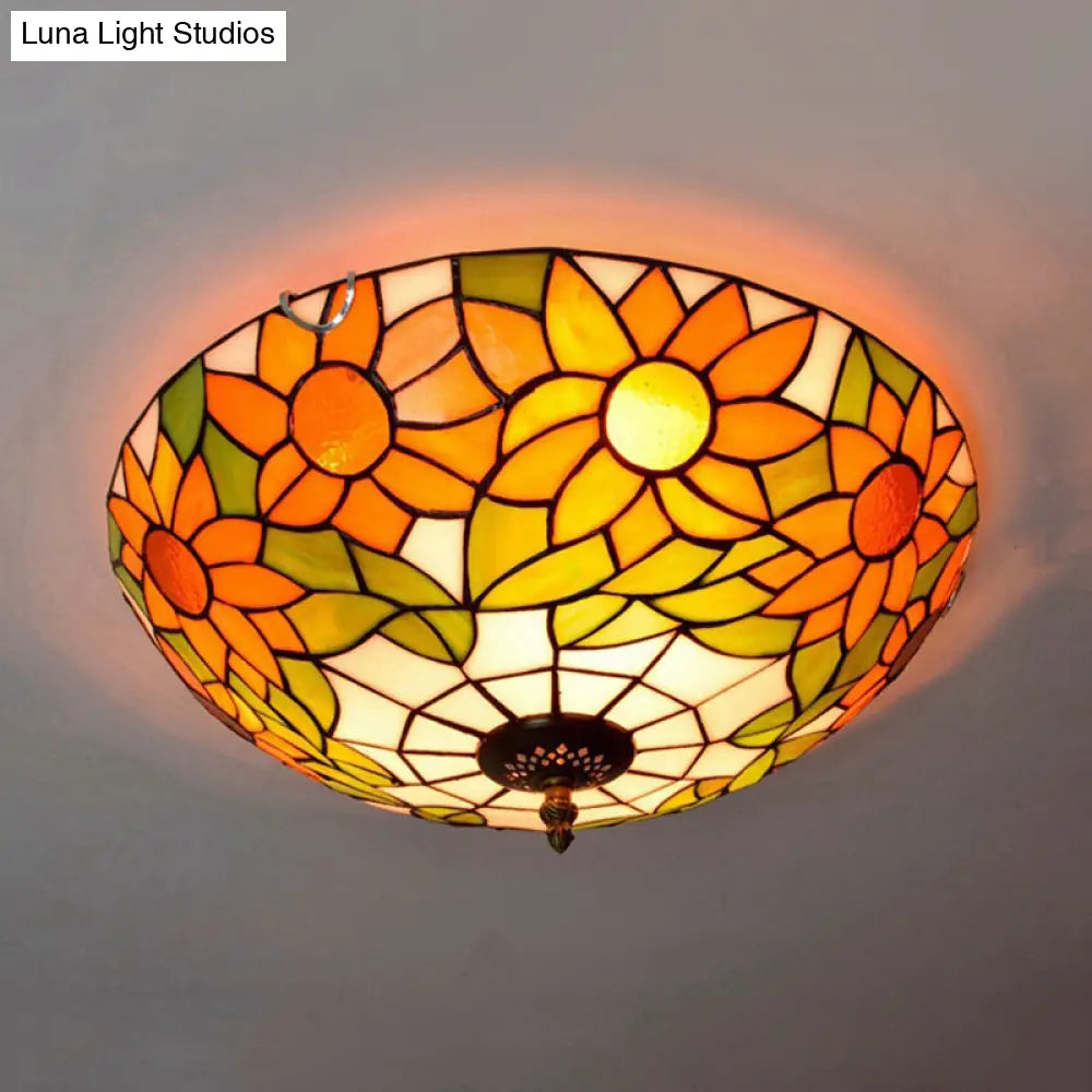 Blue/White Sunflower Tiffany Stained Glass Flush Mount Ceiling Light With 2/3 Bulbs - 12/16 W