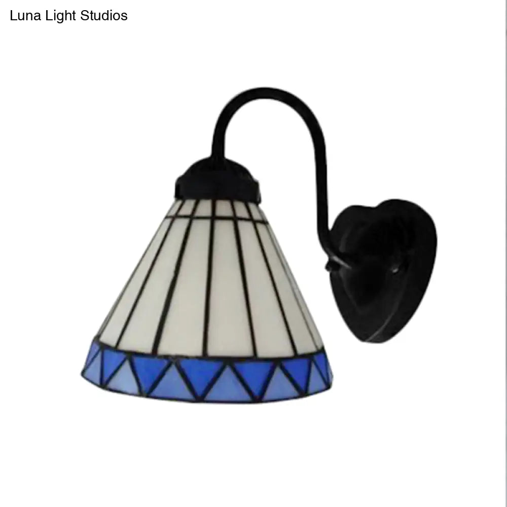 Blue-White Tiffany Glass Cone Wall Light: Elegant Bedroom Sconce Fixture