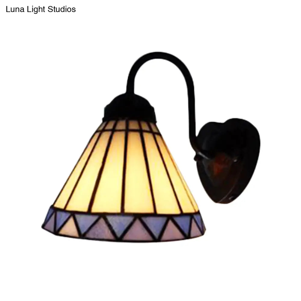 Blue-White Tiffany Glass Cone Wall Light: Elegant Bedroom Sconce Fixture