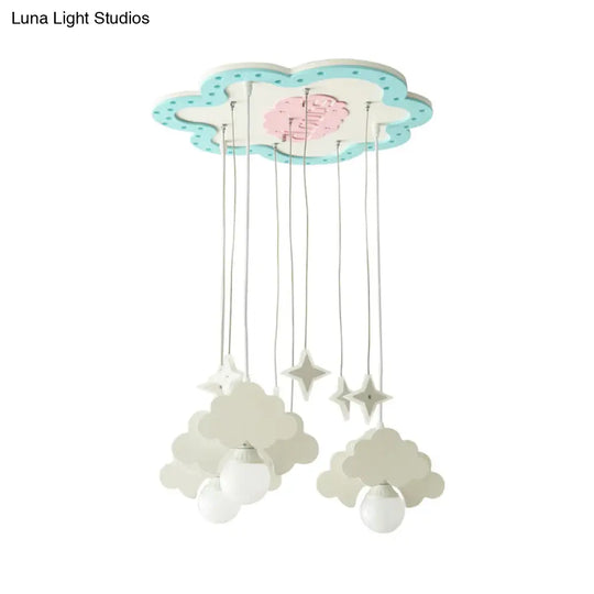 Blue & White Wooden Cloud Pendant Light With 3 Bulbs For Nursery