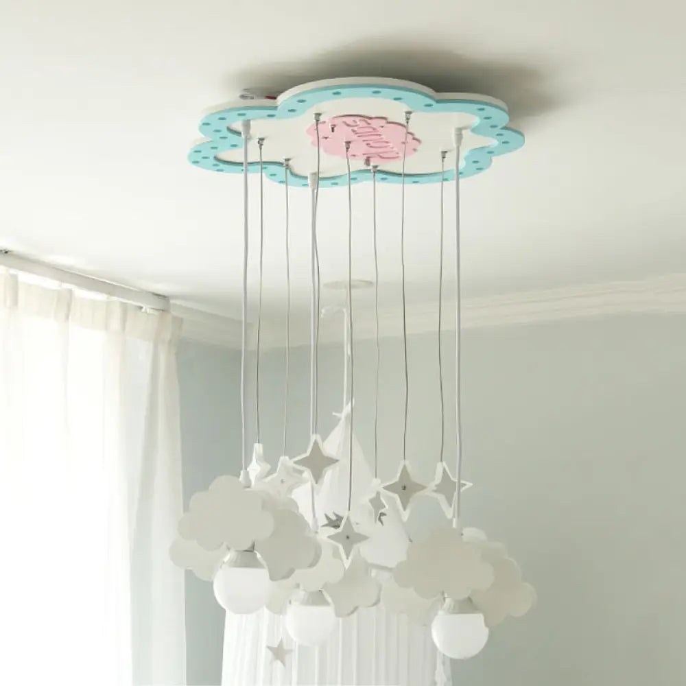 Blue & White Wooden Cloud Pendant Light With 3 Bulbs For Nursery Blue-White