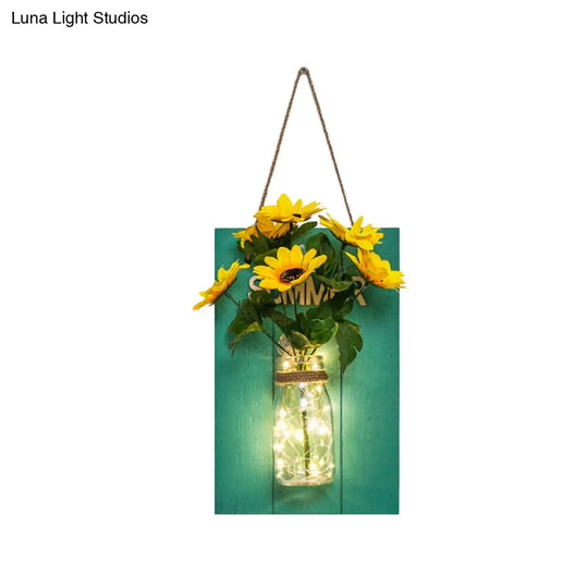 Blue Wood Backplate Modern Glass Jar Wall Light With Floral String - Ideal For Cafe Restaurant