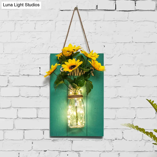 Blue Wood Backplate Modern Glass Jar Wall Light With Floral String - Ideal For Cafe Restaurant