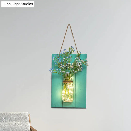 Blue Wood Backplate Modern Glass Jar Wall Light With Floral String - Ideal For Cafe Restaurant