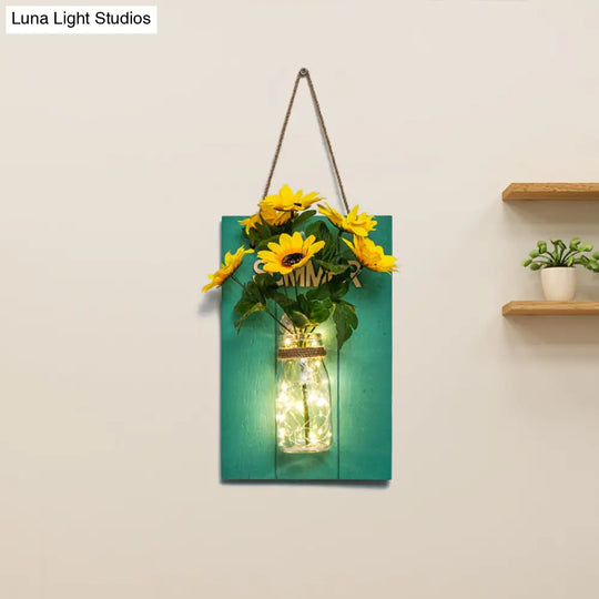 Blue Wood Backplate Modern Glass Jar Wall Light With Floral String - Ideal For Cafe Restaurant