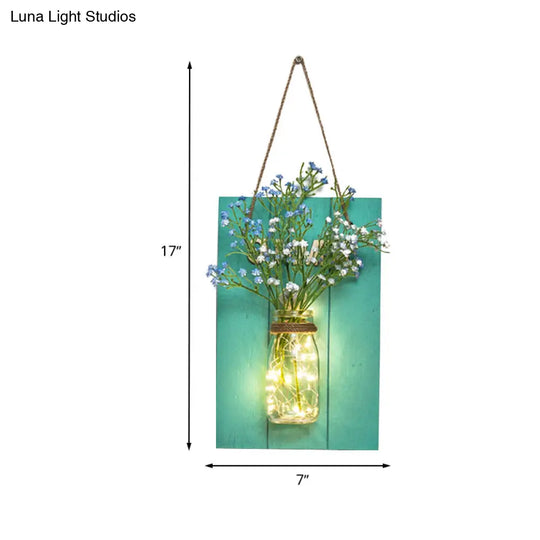 Blue Wood Backplate Modern Glass Jar Wall Light With Floral String - Ideal For Cafe Restaurant