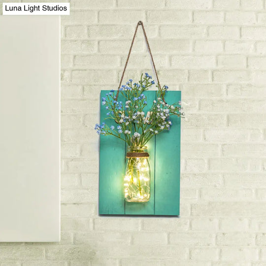 Blue Wood Backplate Modern Glass Jar Wall Light With Floral String - Ideal For Cafe Restaurant